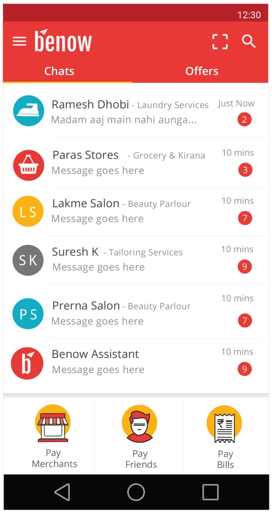 BeNow chat list joining merchant conversations and quick payment actions
