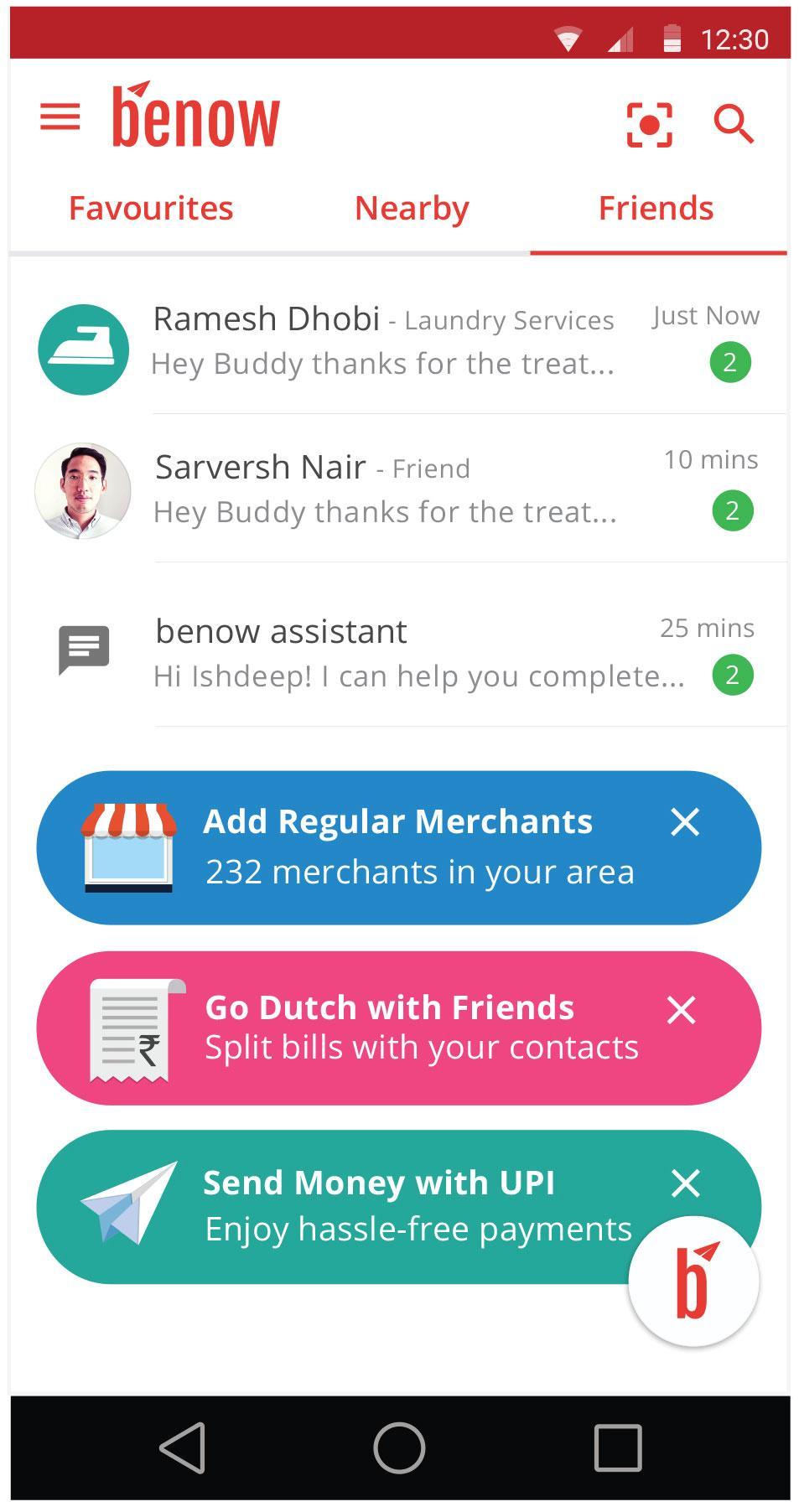 BeNow relationships screen with favourites, nearby merchants, friends, and payment actions