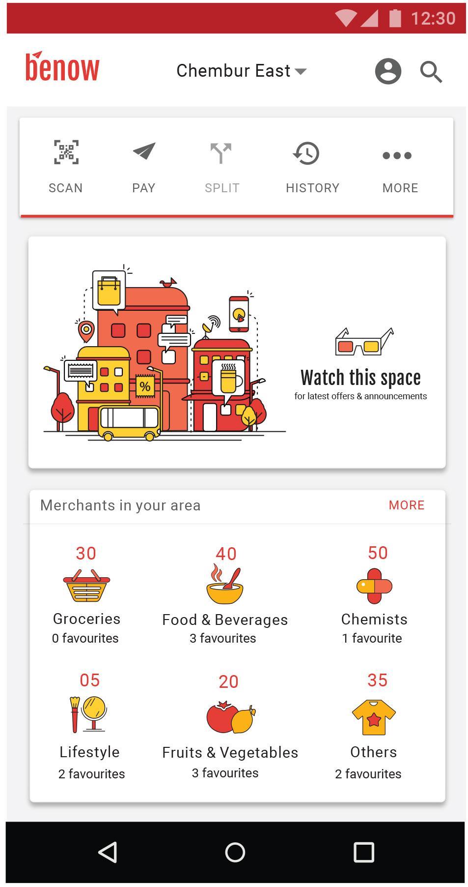 BeNow mobile application home screen showing payment actions, local offers, and nearby merchant categories