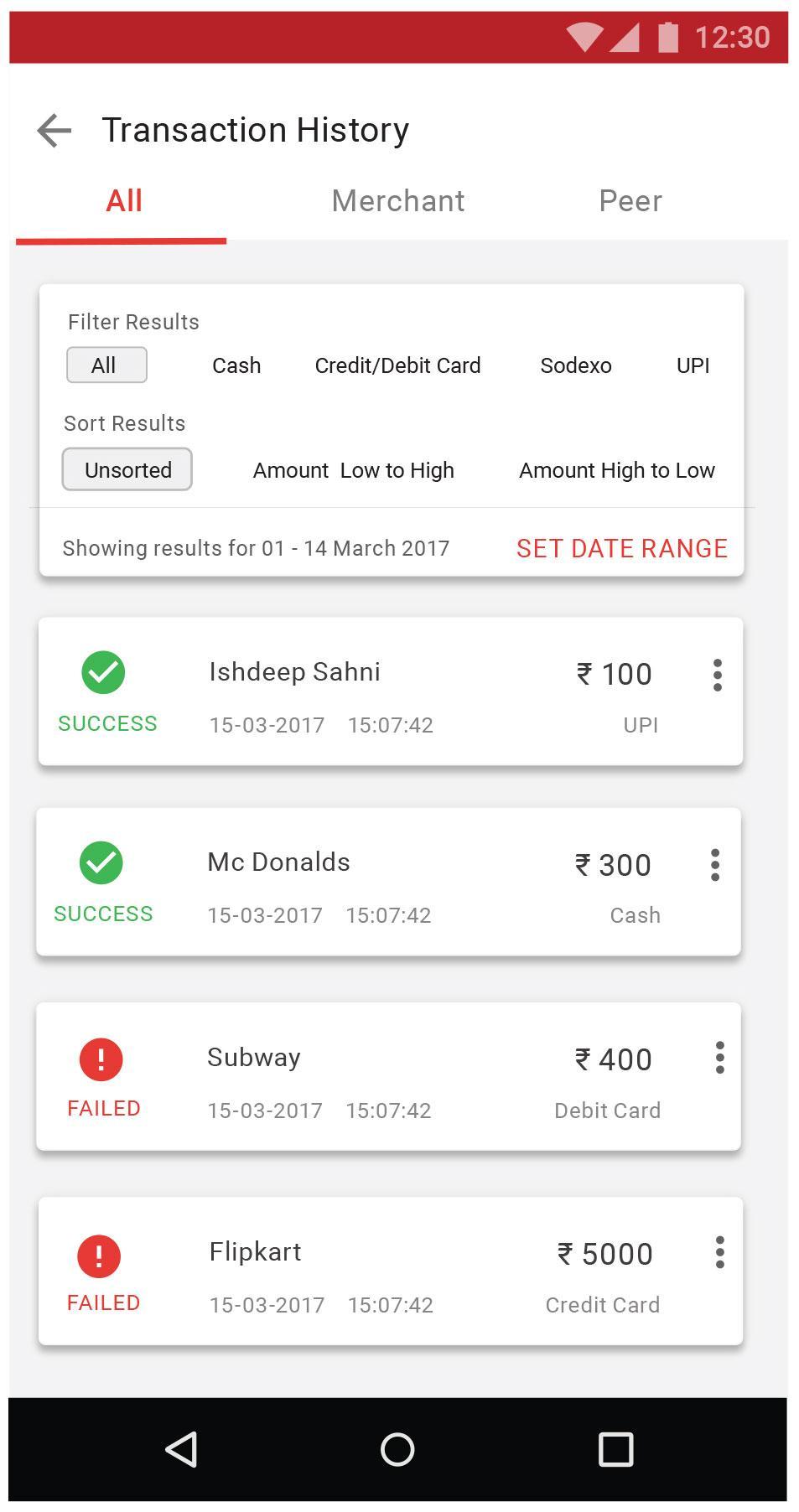BeNow transaction history with filters and visible success and failure states