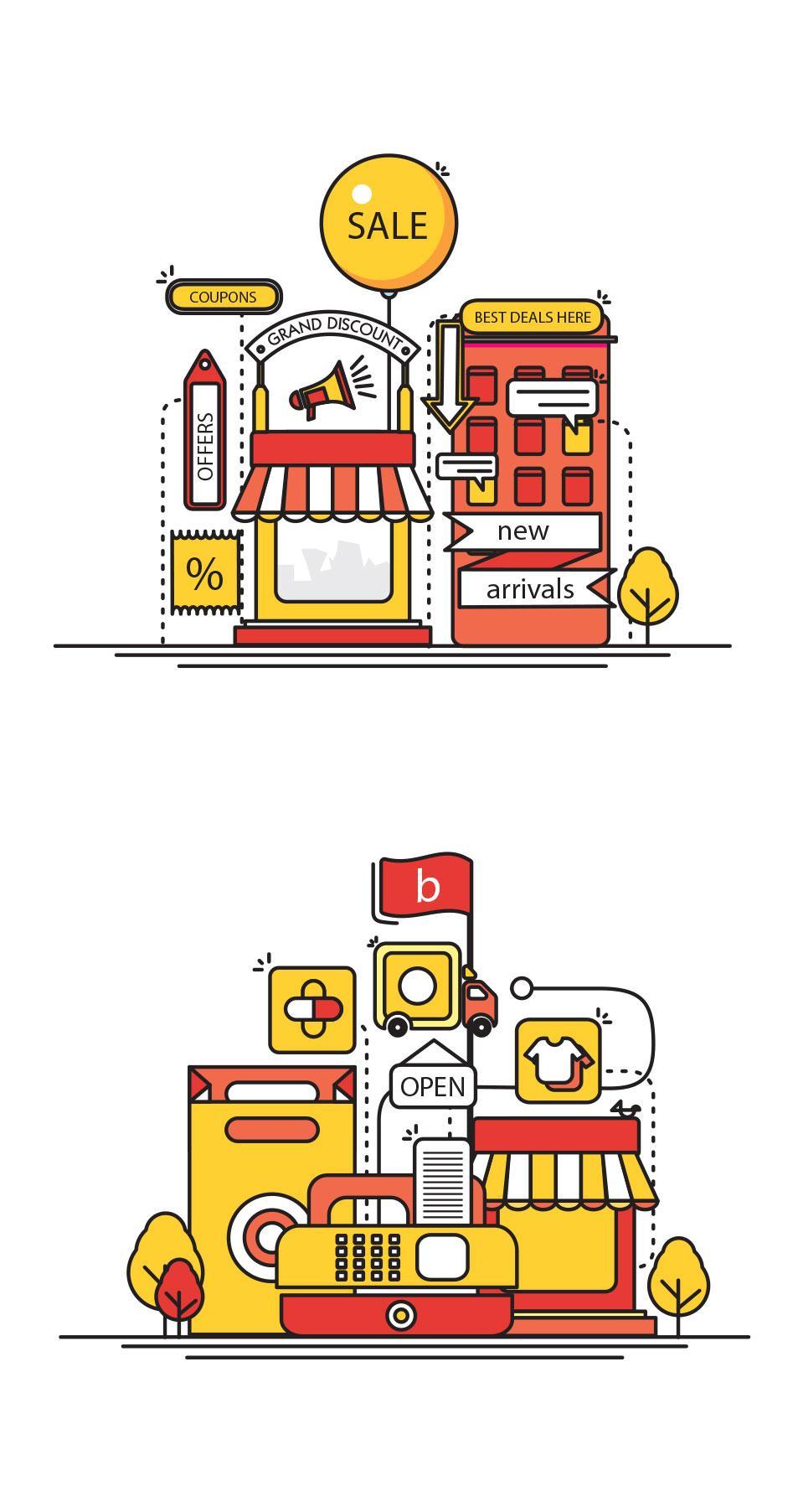 BeNow illustrations representing offers and local merchants