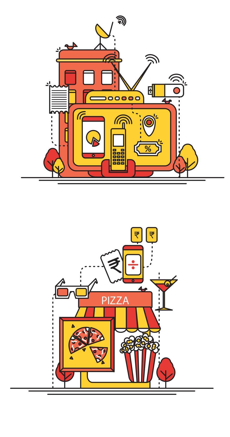 BeNow illustrations representing connectivity, payments, and neighbourhood spending