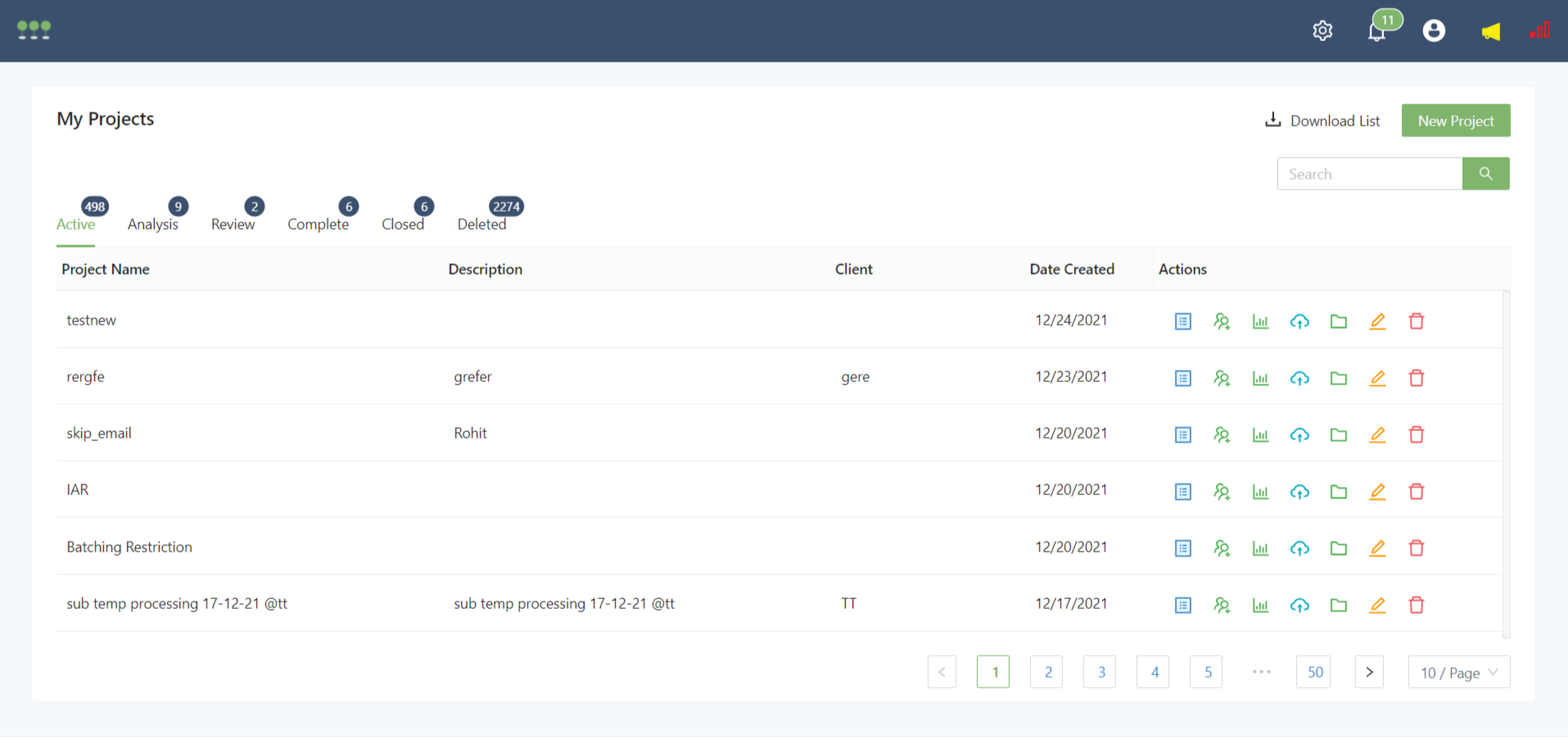 Canopy project management workspace with status navigation, search, project metadata and contextual actions