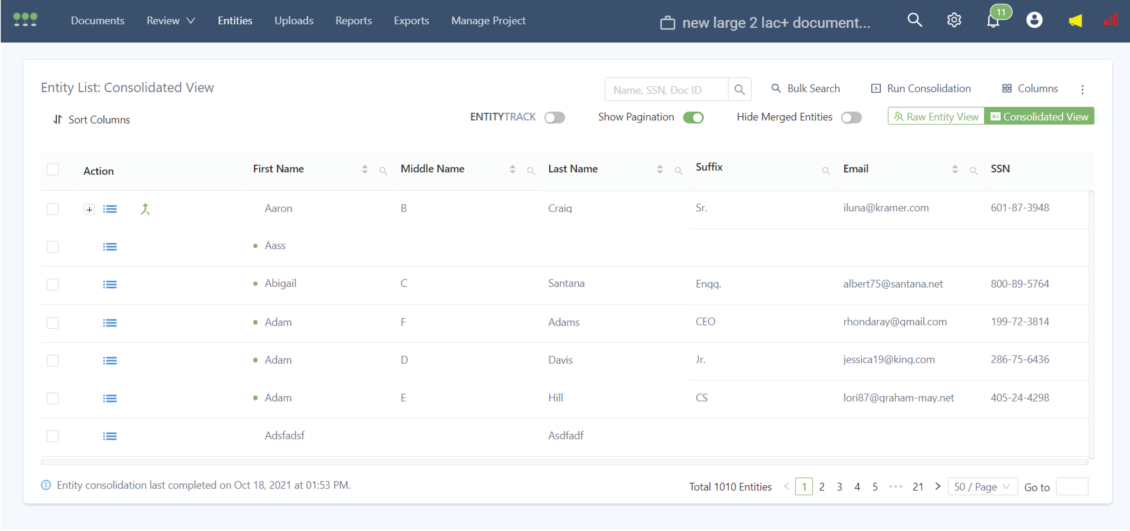 Canopy consolidated entity list with search, sorting, column controls, raw and consolidated views, and pagination