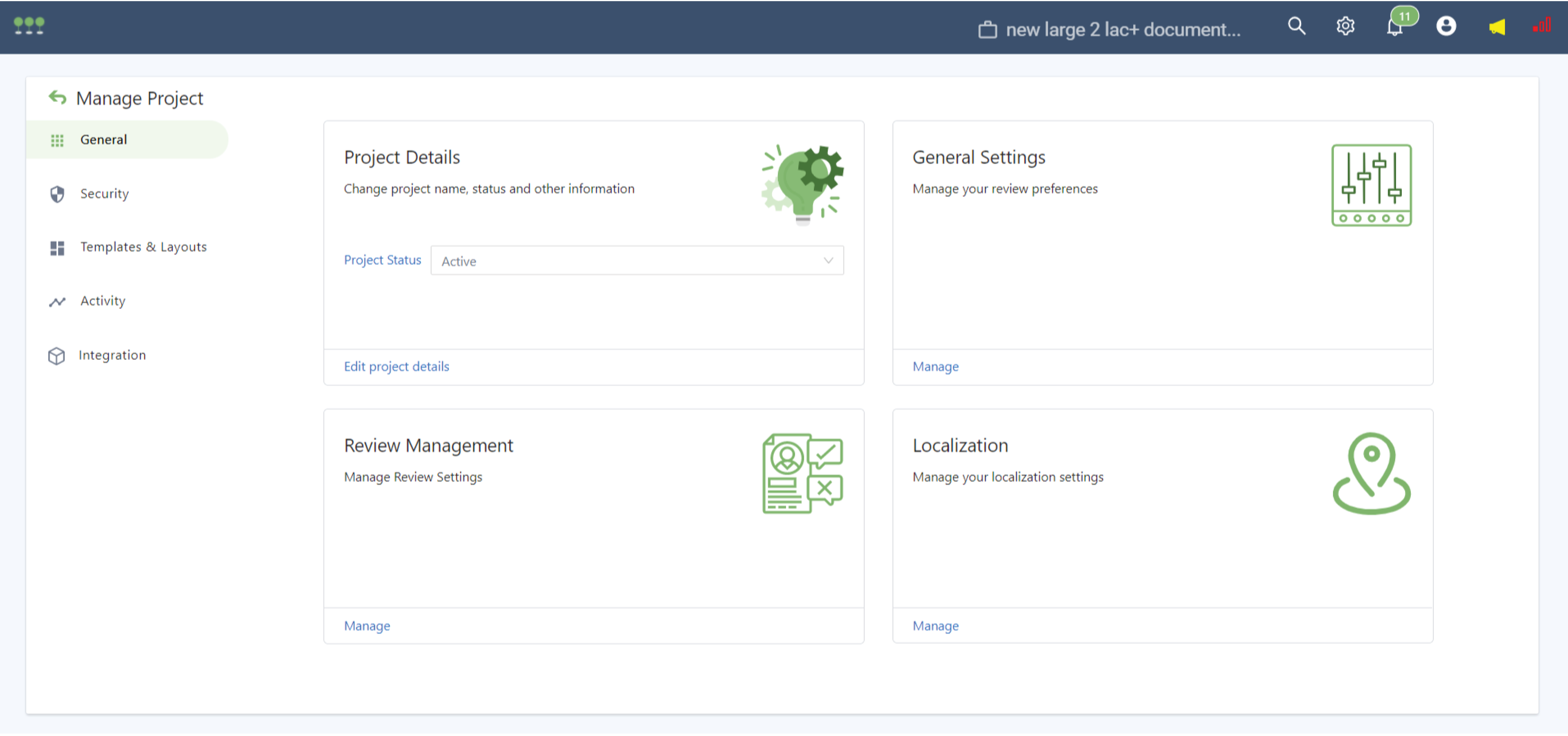 Canopy project settings separating general settings, review management and localization