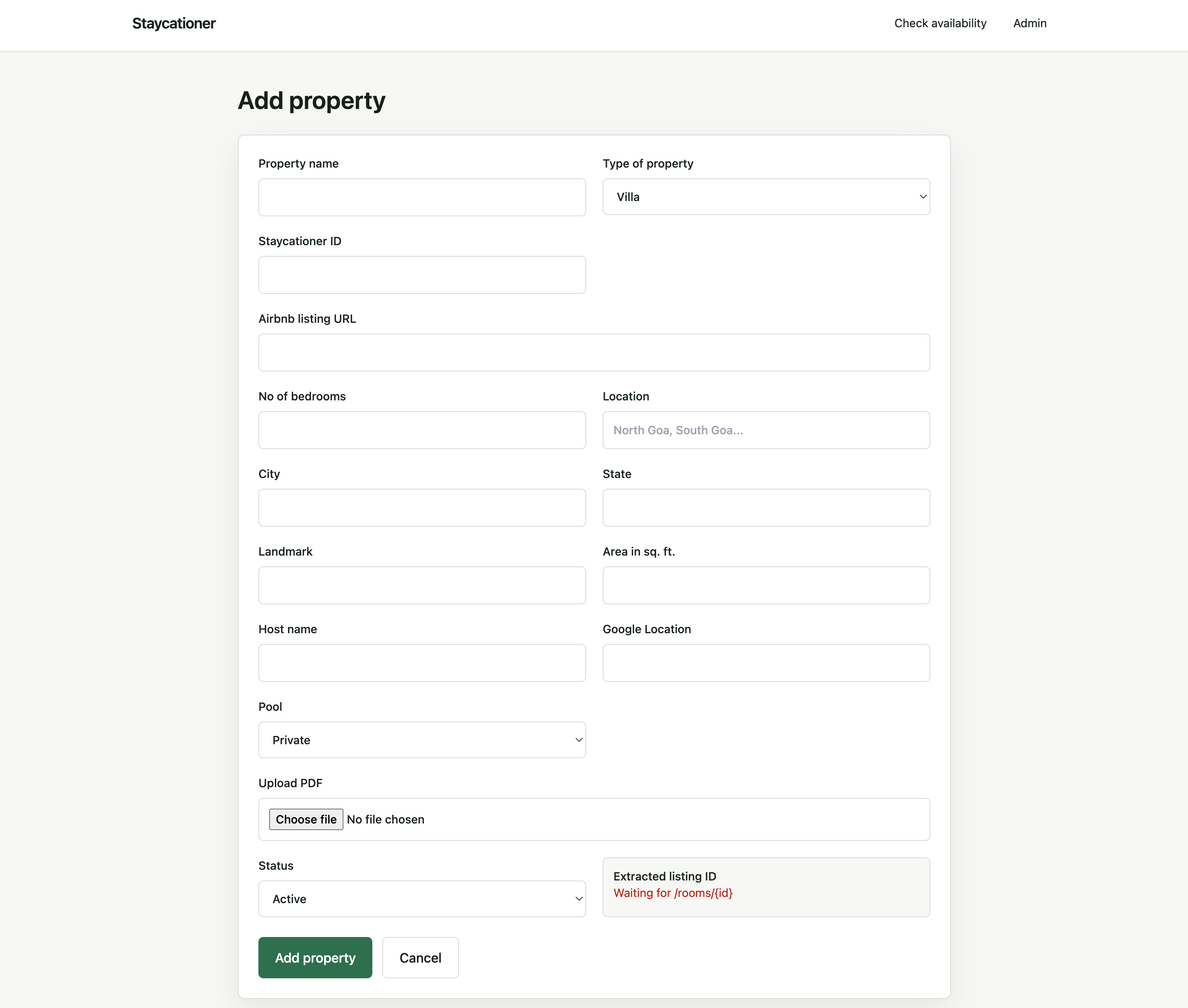 Structured form for adding a Staycationer property