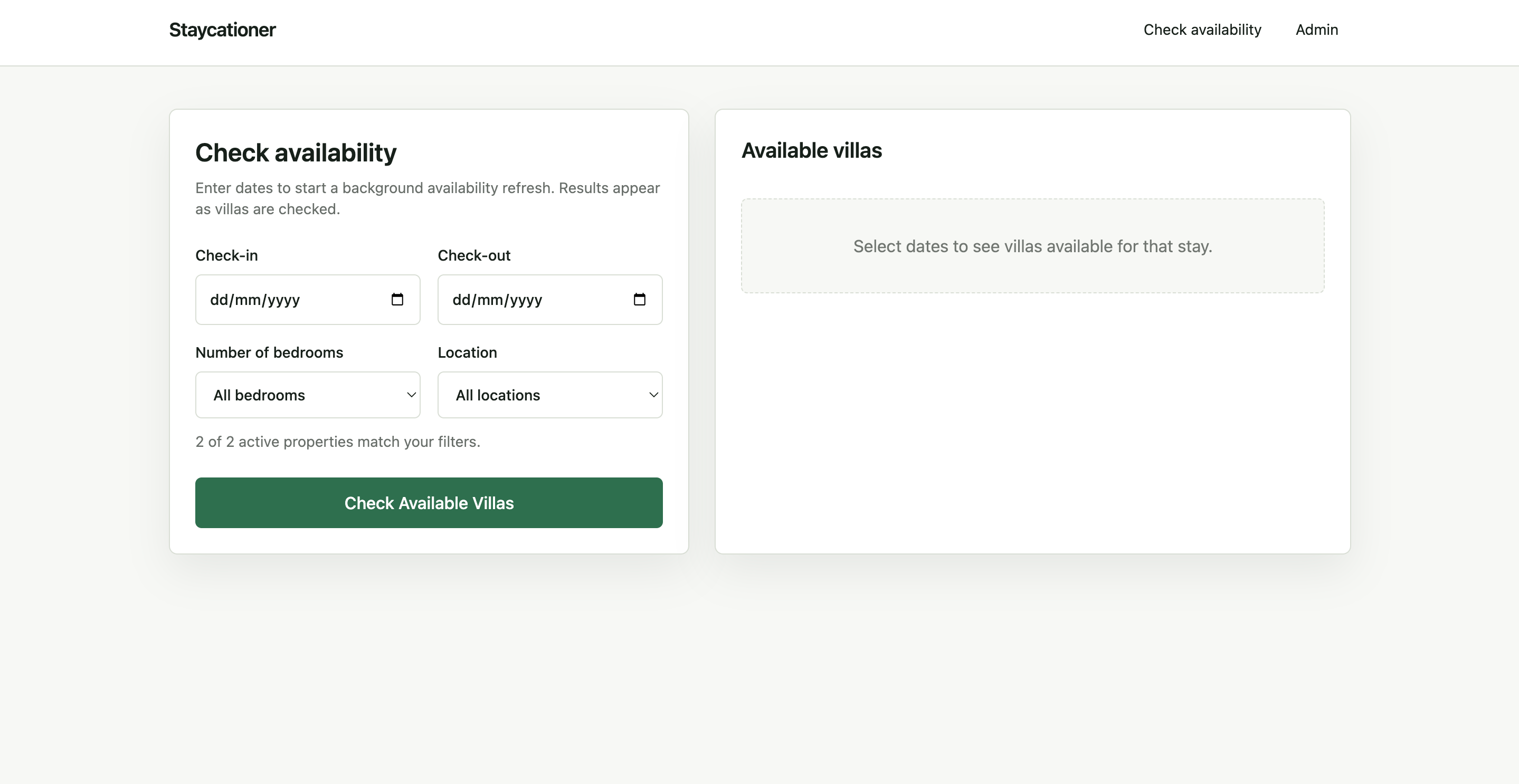 Availability search with dates, bedrooms and location filters beside an empty results state