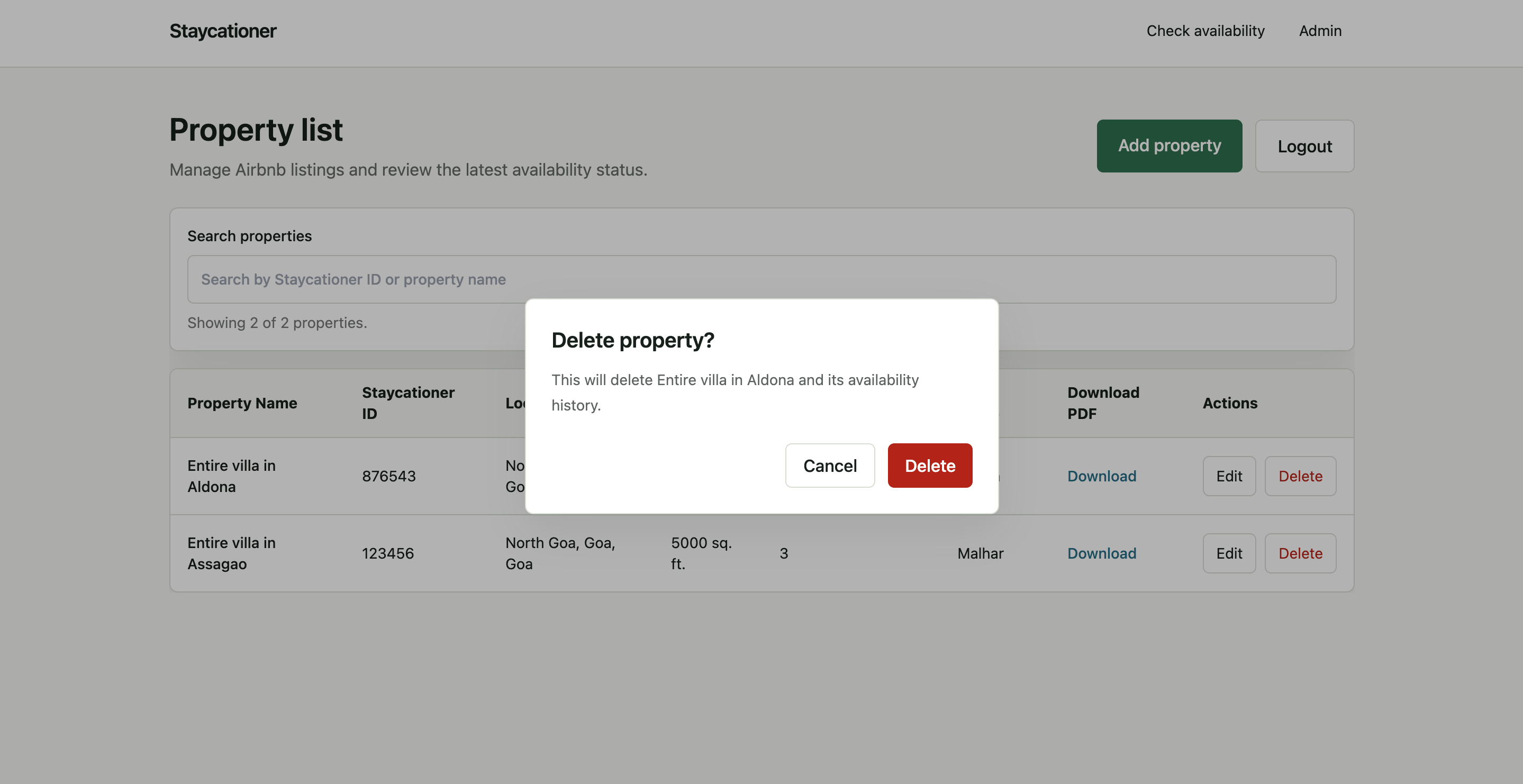 Delete property confirmation over the property inventory