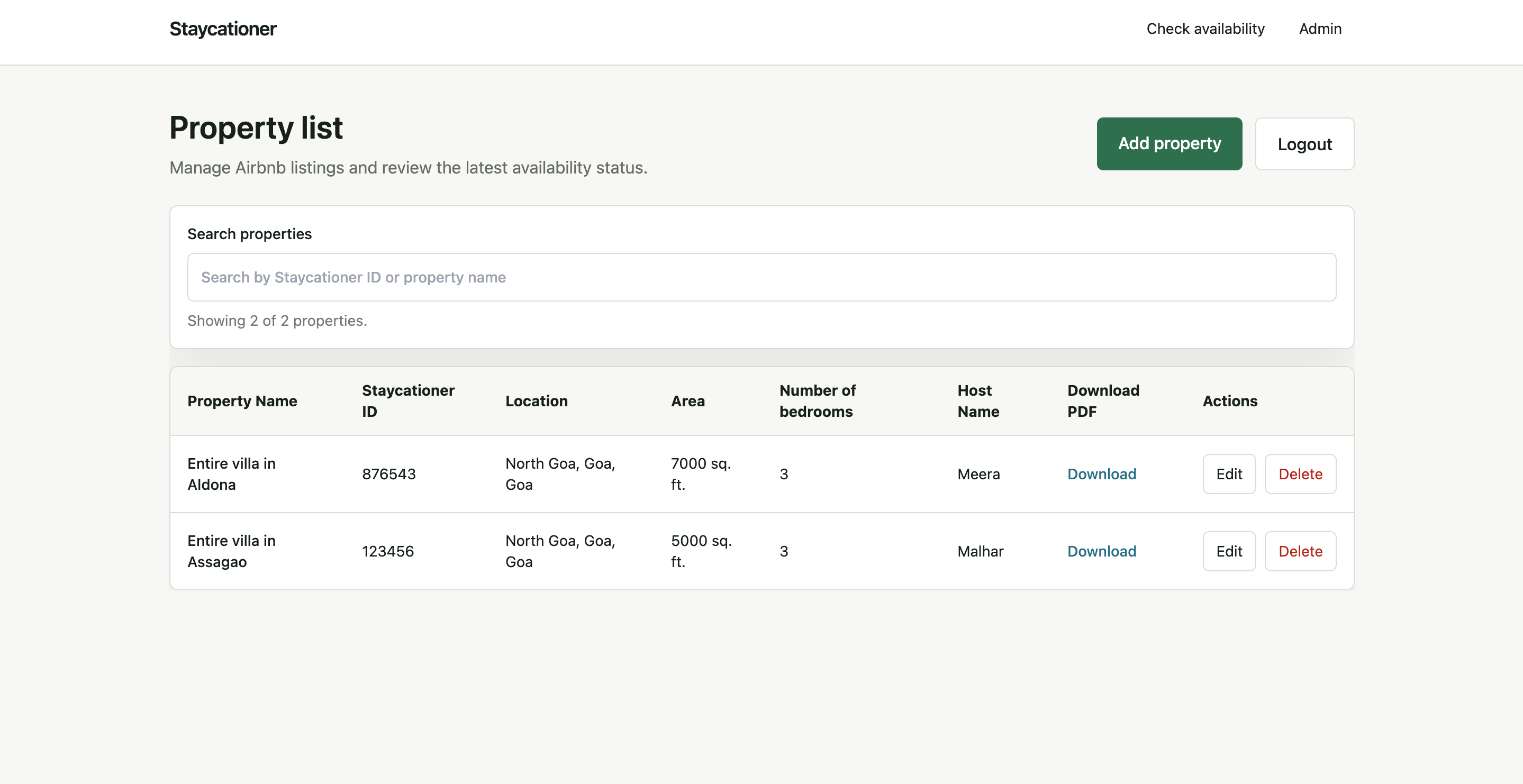 Property inventory table with search, property information, brochures and actions