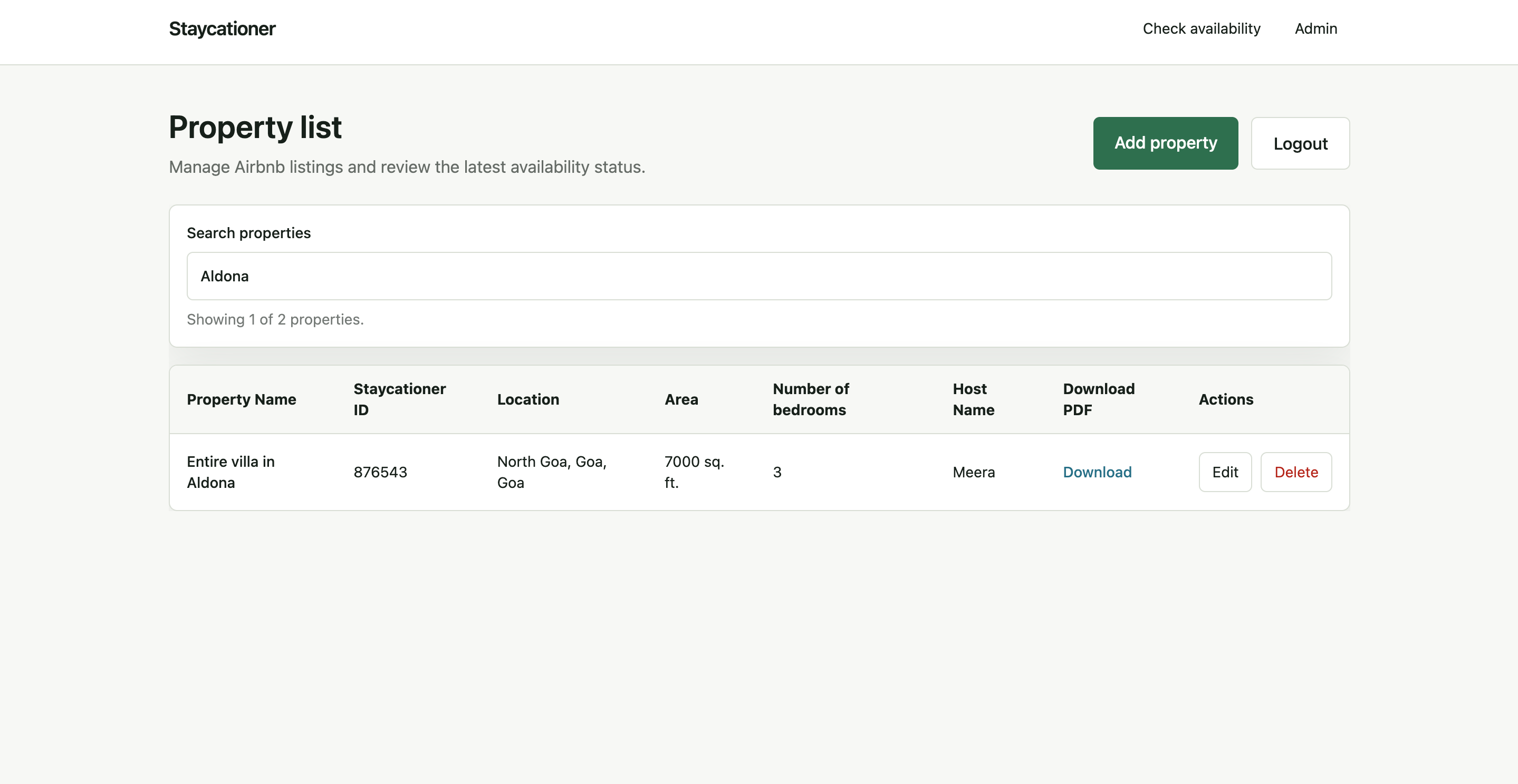 Filtered property inventory showing a search result for Aldona