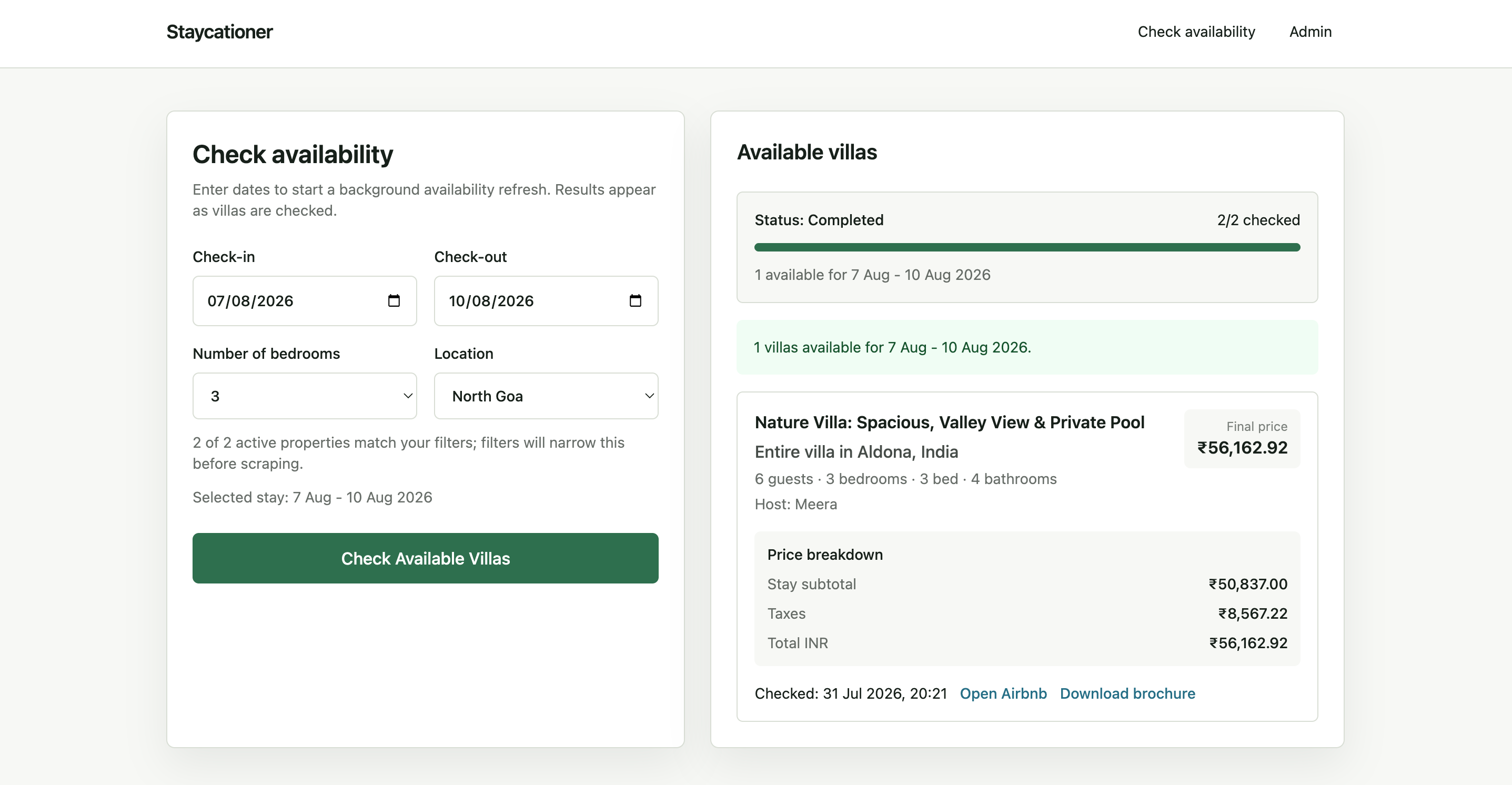 Completed availability check showing a villa, price breakdown and links to Airbnb and the brochure